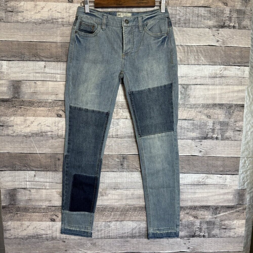 Free People Raw Hem Button Fly Patched and Relaxed Jeans 25